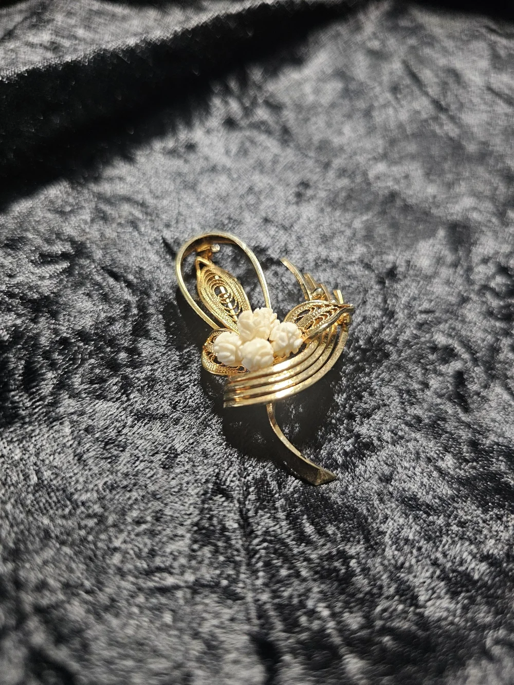 Gold Floral Ribbon Brooch with Cream Flower Accents signed